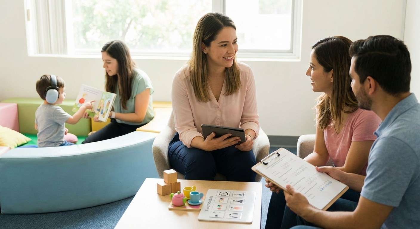 یک متخصص در فضایی آرام و حمایتی در حال گفتگو با والدین برای مصاحبه ADI-R