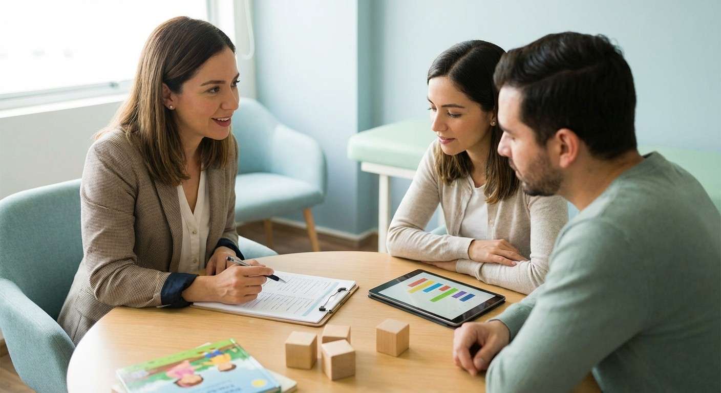 یک متخصص روانشناس در حال گفت‌وگوی همدلانه با والدین در یک اتاق مشاوره آرام.