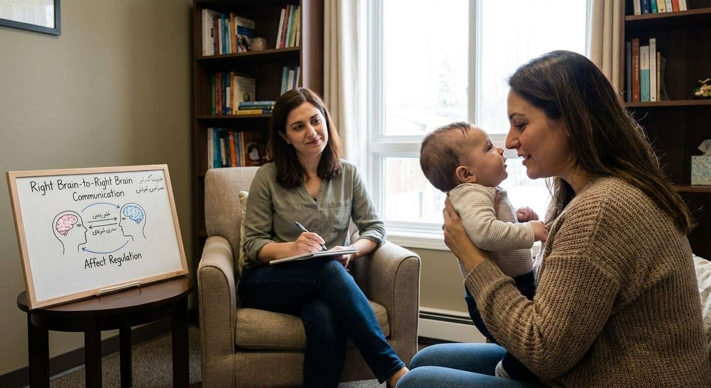 تصویری از یک مادر و نوزاد که با محبت به چشمان یکدیگر نگاه می‌کنند، نماد ارتباط غیرکلامی و رشد نیمکره راست مغز.
