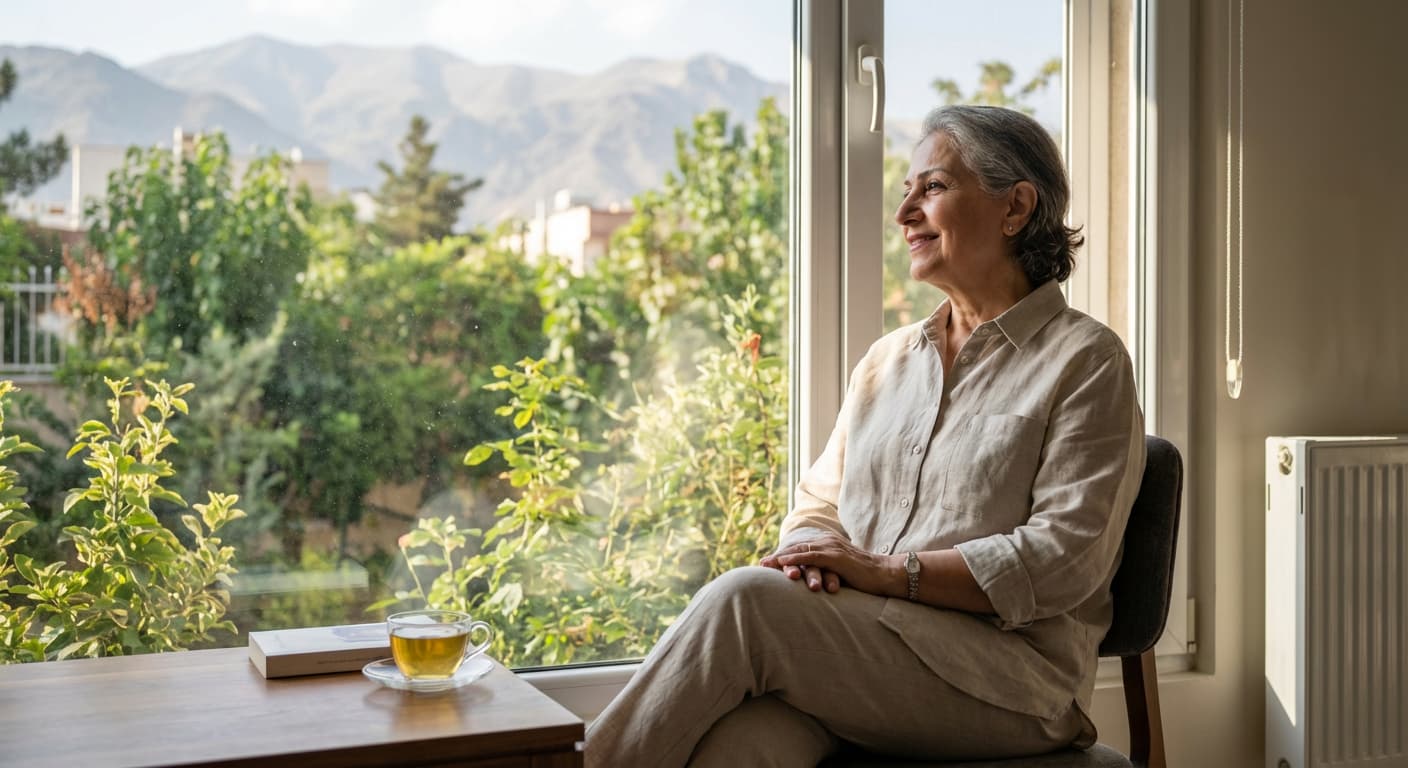 سالمندی که با نگاهی نگران به بیرون از پنجره نگاه می‌کند و نمادی از ترس از دست دادن استقلال است.