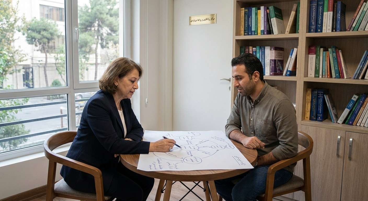 دو نفر که روبروی هم نشسته‌اند و هر دو به یک نقشه پیچیده و مشترک نگاه می‌کنند، نماد فرآیند درمانی دونفره.