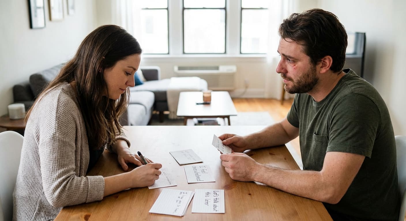 یک زوج در حال صحبت کردن با استفاده از کارت‌های نوشتاری برای بیان احساسات پیچیده خود.