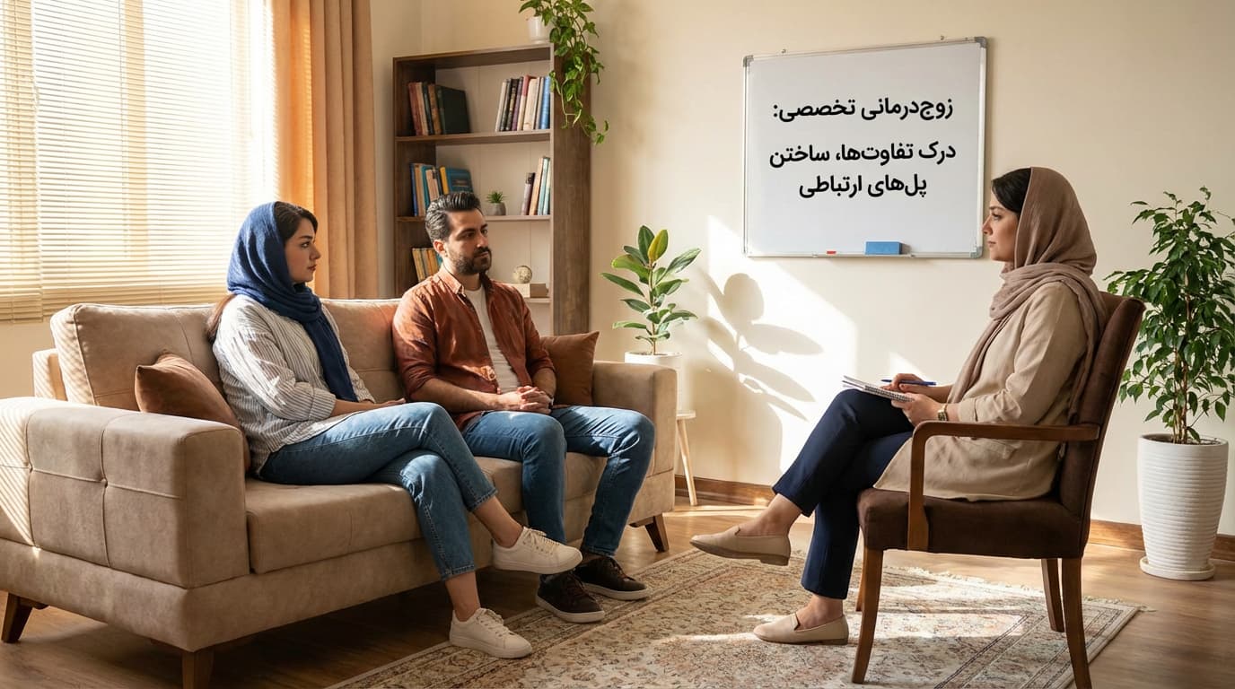 یک زوج در یک جلسه مشاوره آرام و حمایتی با یک درمانگر نشسته‌اند.
