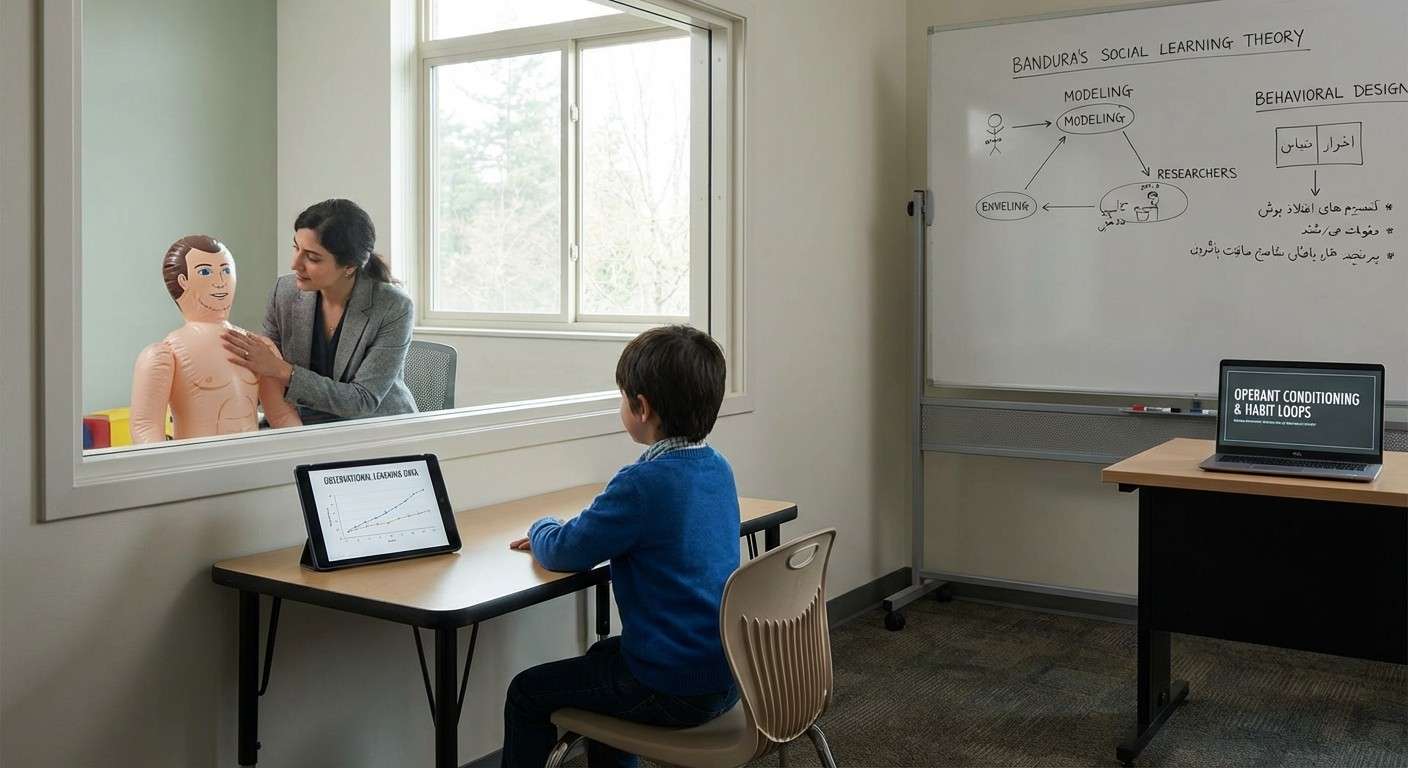 تصویر مفهومی از آزمایش عروسک بوبو، کودکی در حال مشاهده رفتار پرخاشگرانه یک بزرگسال با عروسک.