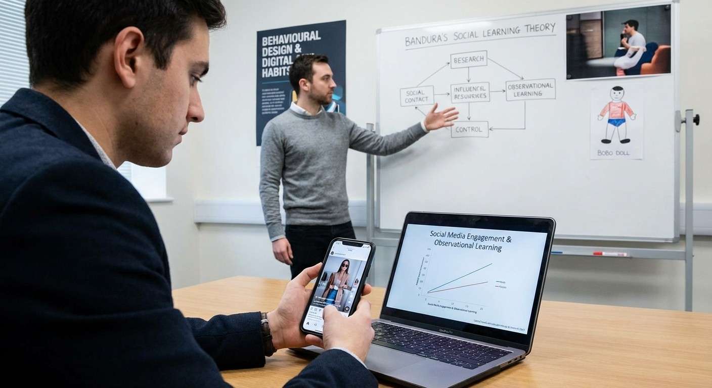 فردی در حال تماشای اینفلوئنسرها در شبکه‌های اجتماعی، که نماد قدرت الگوهای مدرن در یادگیری مشاهده‌ای است.