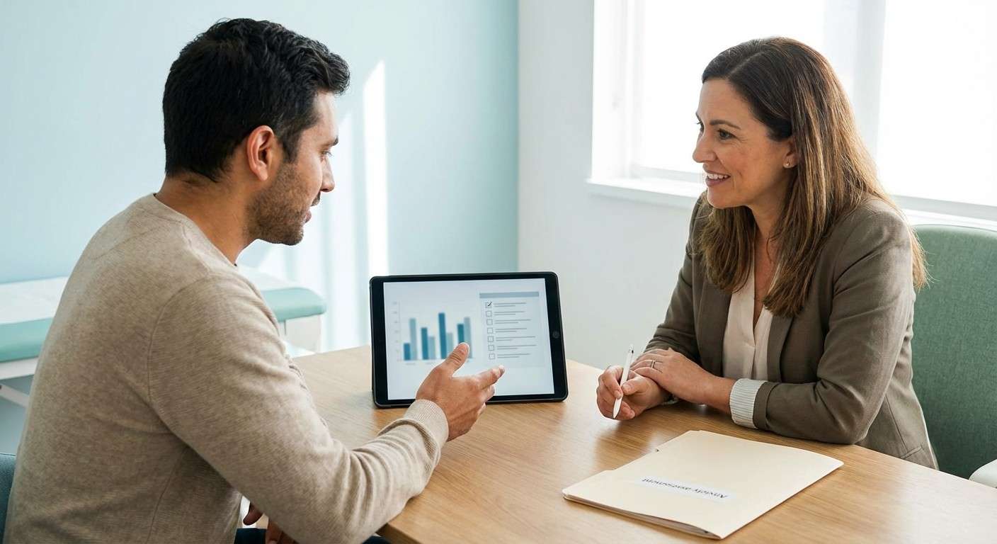 یک جلسه مشاوره که در آن درمانگر با همدلی به صحبت‌های مراجع گوش می‌دهد و نموداری را تحلیل می‌کند.