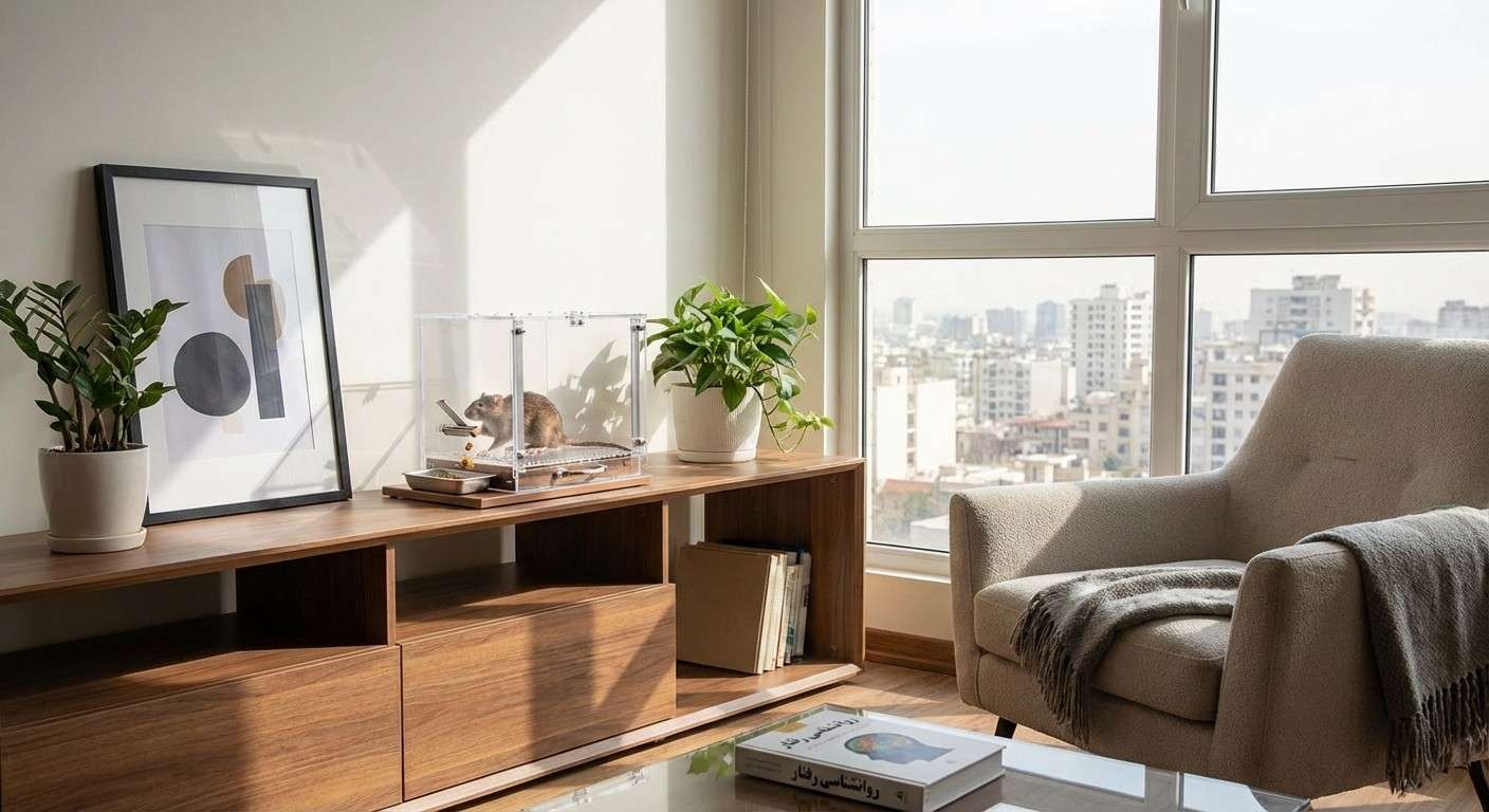 تصویری از جعبه اسکینر که یک موش در آن در حال فشار دادن اهرم برای دریافت غذا است.