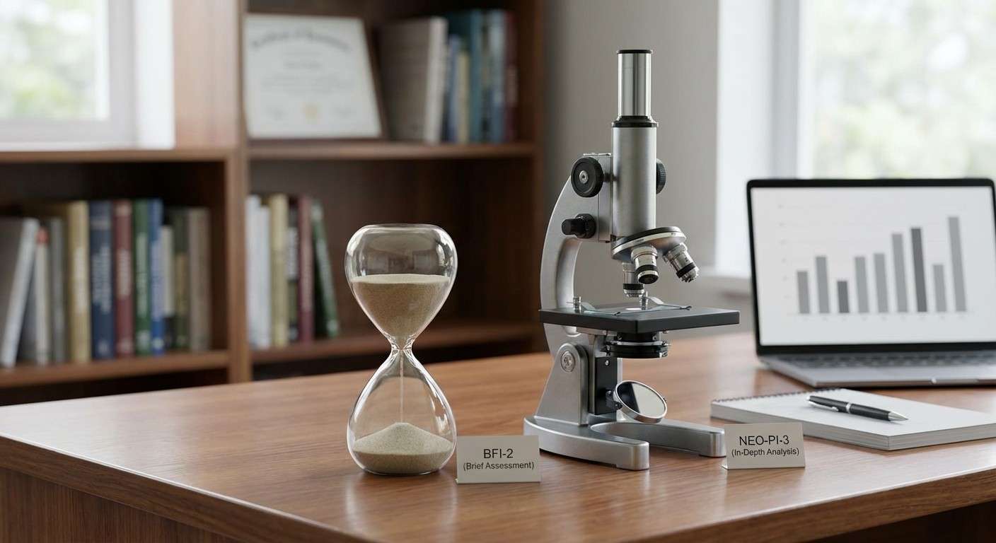 تصویر مقایسه‌ای بین یک ساعت شنی (نماد سرعت BFI-2) و یک میکروسکوپ (نماد عمق NEO-PI-3).