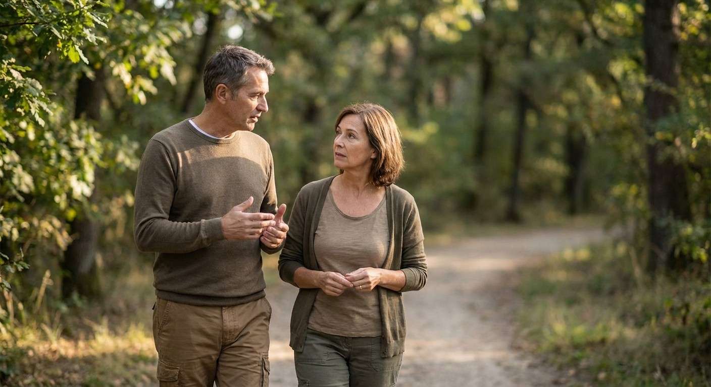 یک زوج در حال قدم زدن در طبیعت و گفتگوی صمیمانه، نشان‌دهنده تلاش برای ایجاد یک پیوند عمیق‌تر.