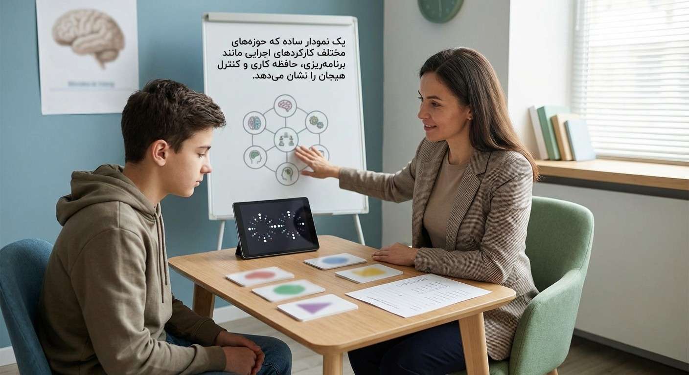 یک نمودار ساده که حوزه‌های مختلف کارکردهای اجرایی مانند برنامه‌ریزی، حافظه کاری و کنترل هیجان را نشان می‌دهد.