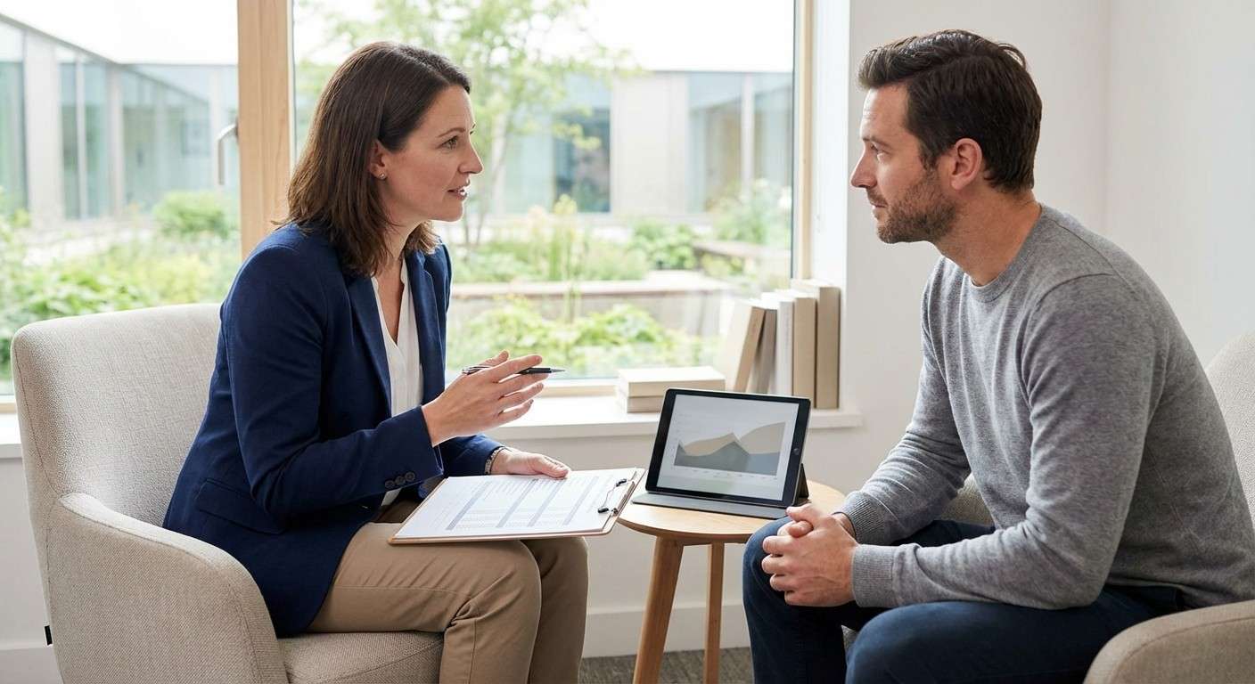 یک روانشناس با همدلی در حال صحبت با مراجع است و نتایج پرسشنامه را به عنوان بخشی از یک گفتگوی گسترده‌تر به کار می‌برد.