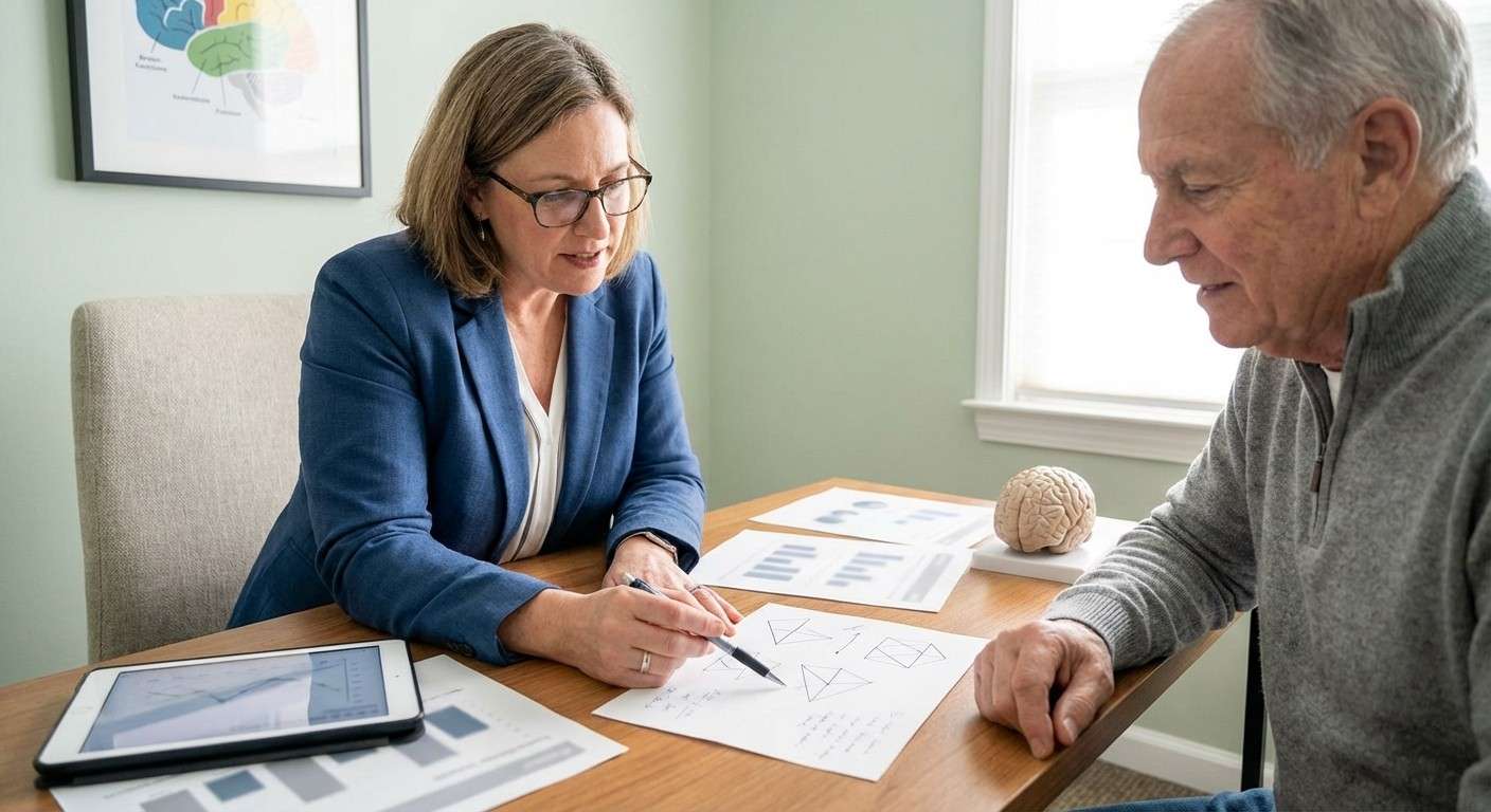 یک متخصص در حال بررسی و تحلیل انواع خطاهای ترسیم شده توسط یک مراجع در آزمون BVRT.