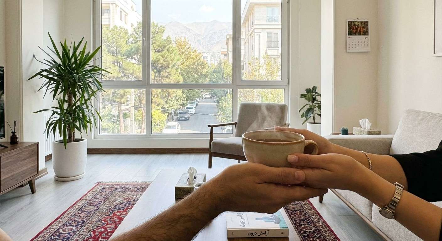 دستان دو نفر که یک فنجان چای گرم را گرفته‌اند، نمادی از حمایت و آرامش.