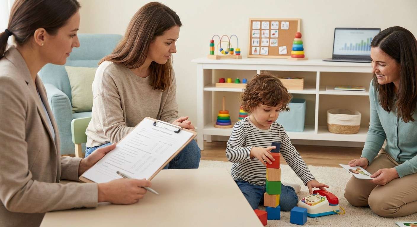 یک متخصص در حال مشاهده و ارزیابی رفتار یک کودک در یک محیط بالینی برای تکمیل مقیاس CARS-2.