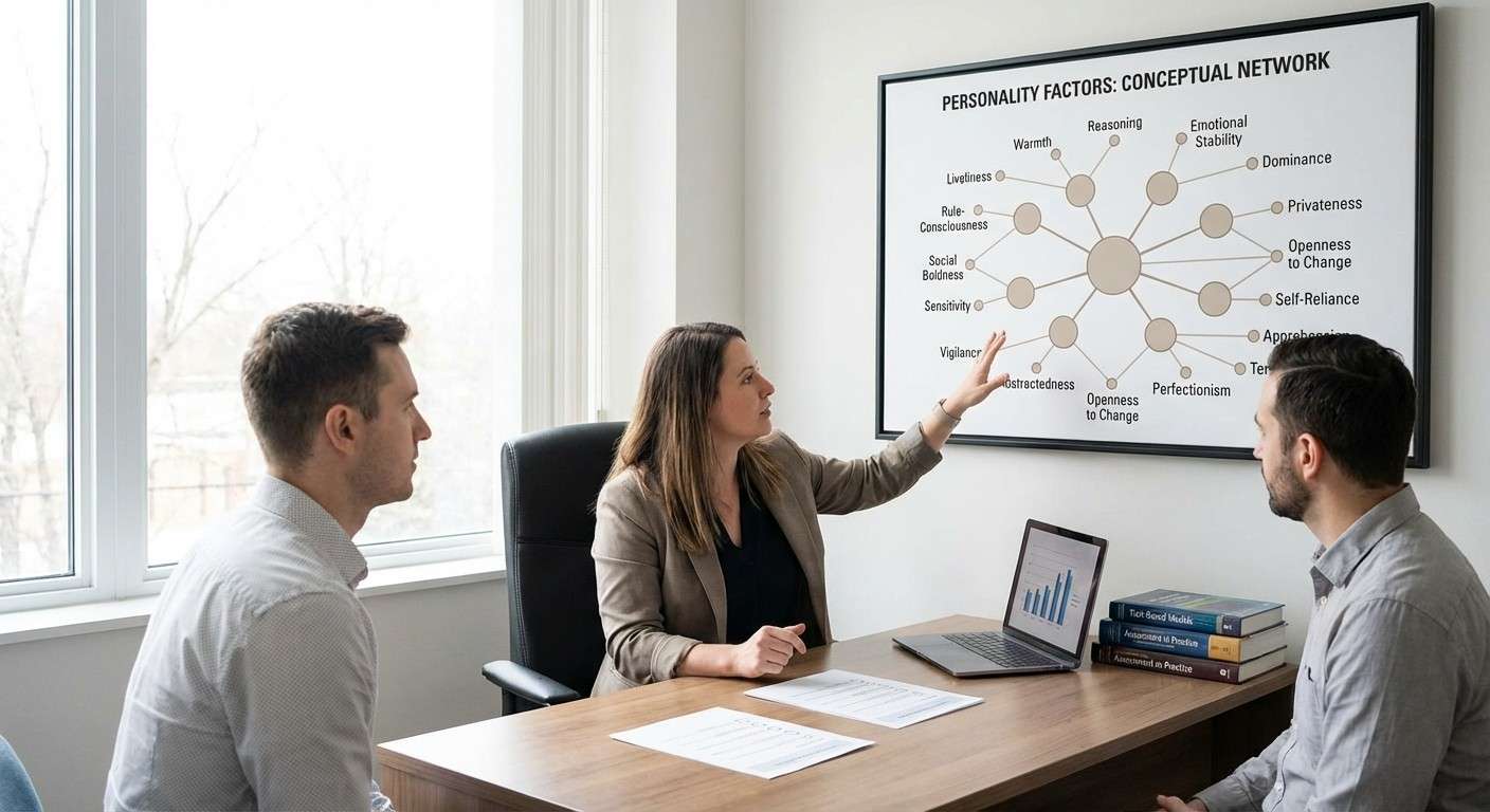 یک تصویر گرافیکی که ۱۶ عامل شخصیت کتل را به صورت یک نقشه ذهنی یا شبکه مفهومی نشان می‌دهد.