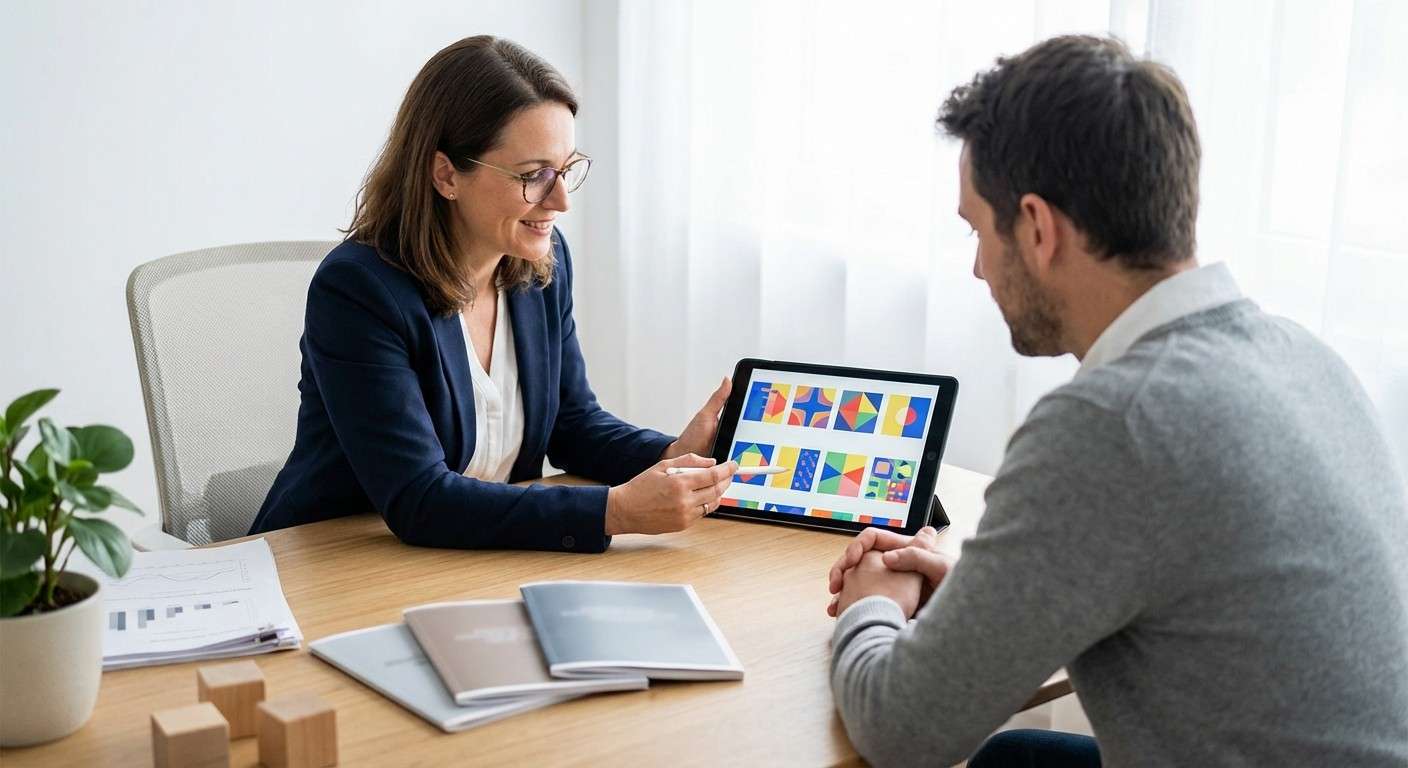 مجموعه‌ای از اشکال هندسی انتزاعی و الگوهای منطقی که ساختار آزمون هوش فرهنگ-منصف کتل را نشان می‌دهد.