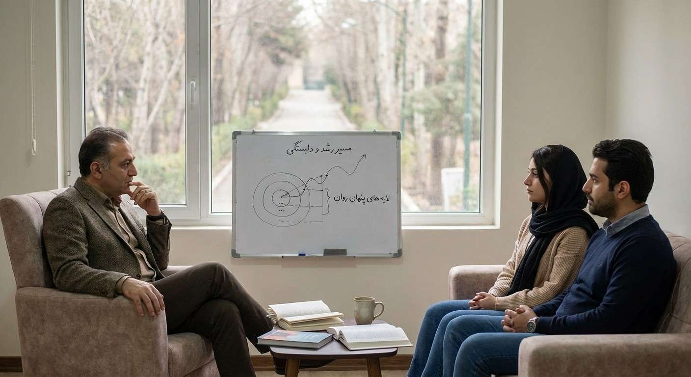 مسیر پر پیچ و خمی که از یک جنگل تاریک به یک دشت روشن و آفتابی می‌رسد، نمادی از سفر خودشناسی و کشف لایه‌های پنهان روان.