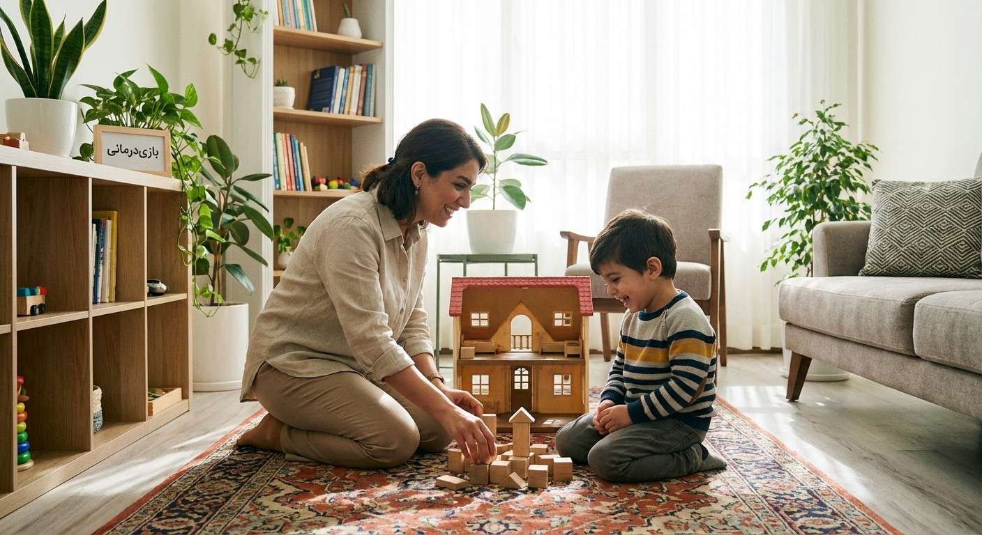 یک درمانگر در حال بازی‌درمانی با یک کودک در یک اتاق مشاوره امن و آرام.