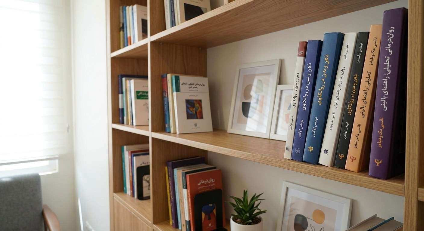 قفسه کتابی پر از کتاب‌های روان‌شناسی معاصر با عناوینی از مک‌ویلیامز، اوگدن و دیگران.