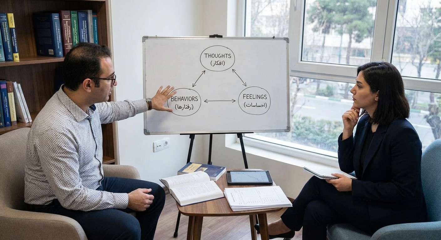 نمودار مدل شناختی-رفتاری (CBT) که ارتباط متقابل بین افکار، احساسات و رفتارها را نشان می‌دهد.