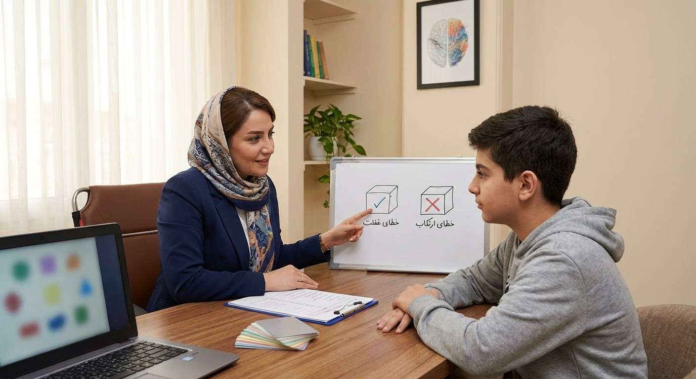 یک نمودار ساده که دو نوع خطا را نشان می‌دهد: یک علامت تیک نادیده گرفته شده (خطای غفلت) و یک علامت ضربدر که به اشتباه انتخاب شده (خطای ارتکاب).