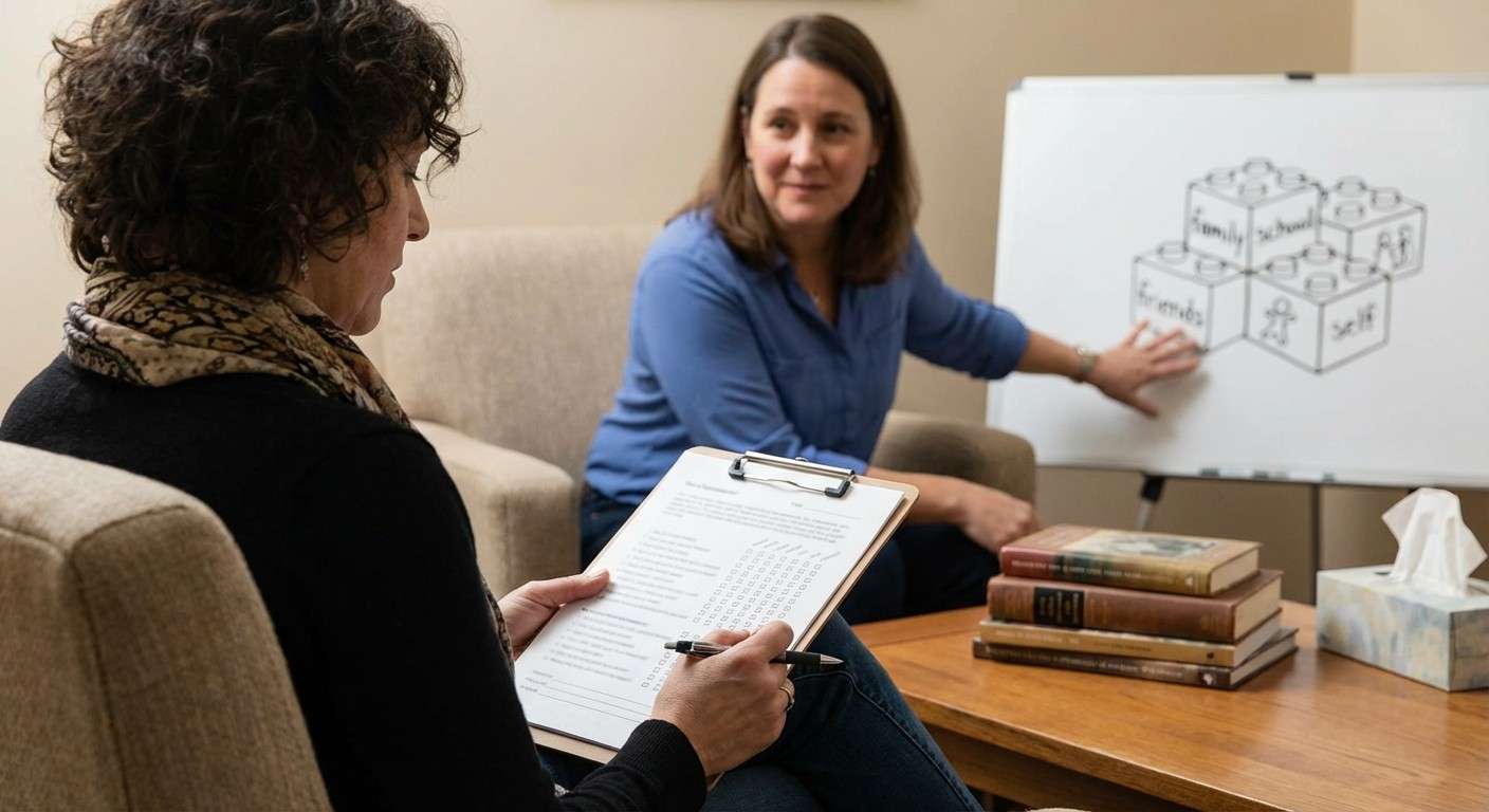 چهار بلوک ساختمانی که روی هر کدام نمادی از خانواده، مدرسه، دوستان و خود فرد قرار دارد.