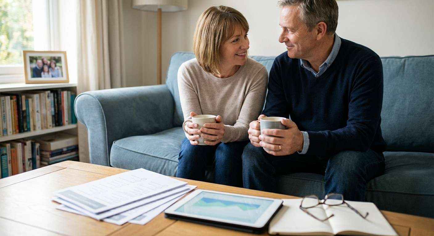 زوجی که با آرامش و لبخند در کنار هم نشسته‌اند و یک فنجان چای می‌نوشند، نمادی از رضایت و حال خوب در رابطه.