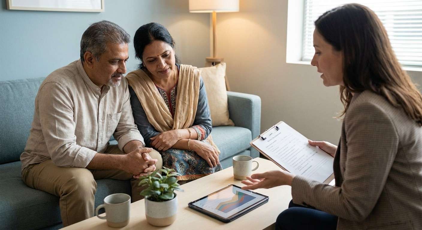 تصویری از یک جلسه زوج‌درمانی که در آن درمانگر نتایج یک ارزیابی مانند DAS را با زوج در میان می‌گذارد و به آنها در درک بهتر رابطه کمک می‌کند.