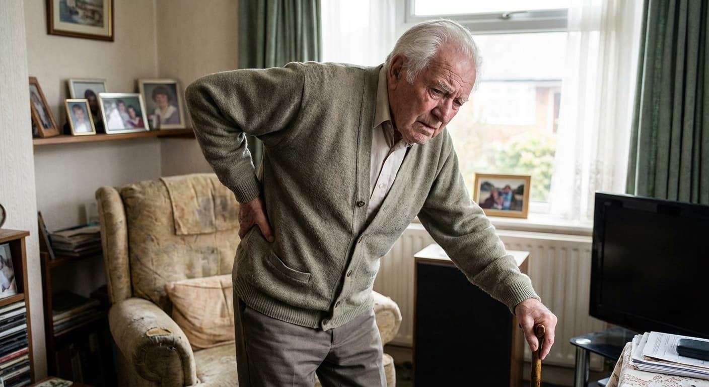 سالمندی که با دست بر روی کمر خود، احساس درد و خستگی می‌کند و چهره‌ای نگران دارد.