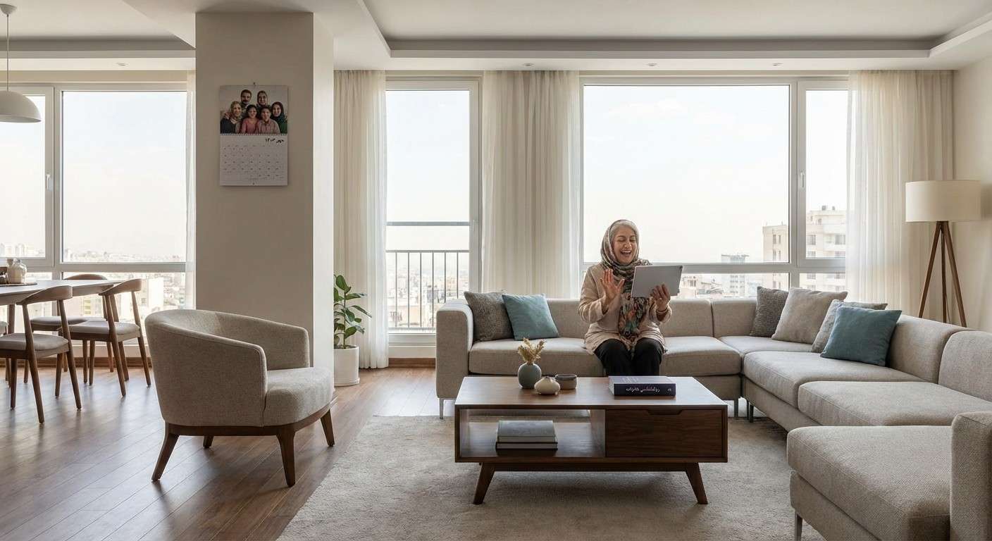 چهره شاد و هیجان‌زده یک مادربزرگ در حال صحبت با خانواده‌اش از طریق تماس تصویری روی تبلت.