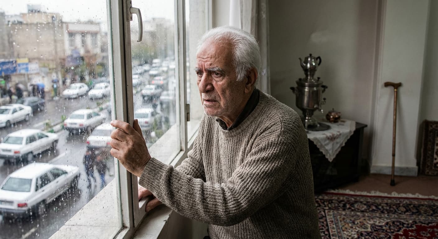 سالمندی که با نگاهی نگران به بیرون از پنجره نگاه می‌کند و نمادی از ترس از دست دادن استقلال است.