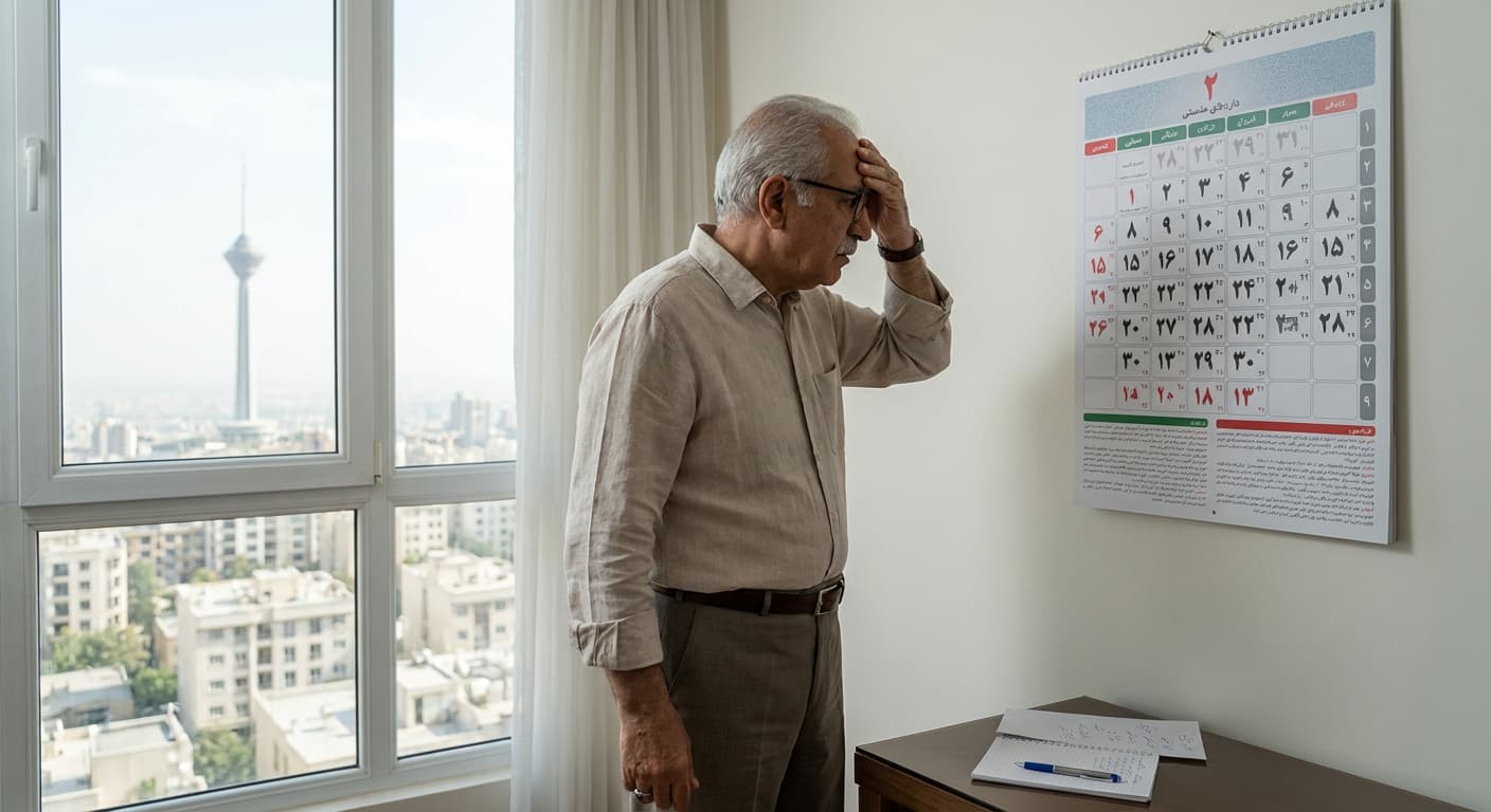 تصویری از یک سالمند که با نگرانی به تقویم دیواری نگاه می‌کند و تاریخ‌ها را فراموش کرده است.