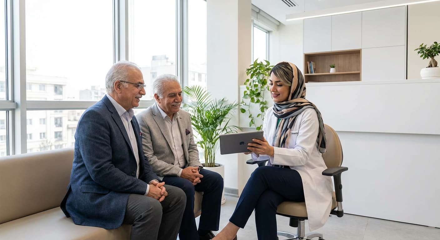 یک پزشک با حوصله در حال صحبت با یک زوج سالمند و بررسی نتایج تست‌های شناختی آن‌ها است.