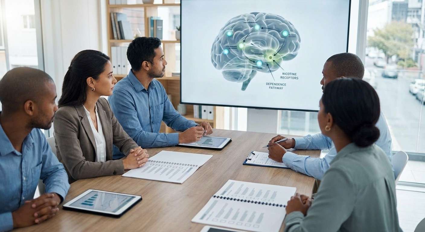 نموداری که مغز را با گیرنده‌های نیکوتین نشان می‌دهد و توضیح می‌دهد که چگونه مغز به نیکوتین وابسته می‌شود.