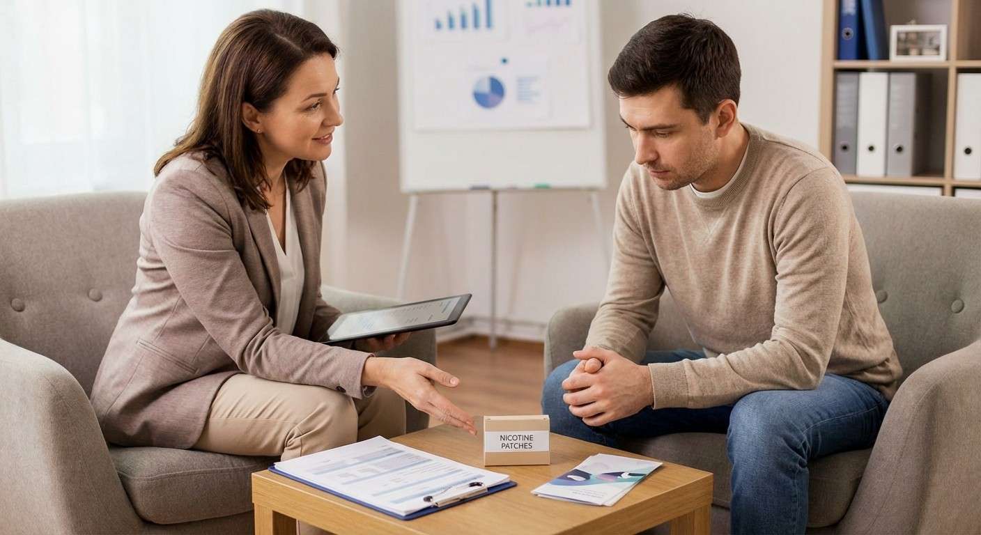 یک مشاور در حال صحبت با فردی در یک برنامه ترک سیگار و نشان دادن گزینه‌های حمایتی مانند چسب نیکوتین و مشاوره.