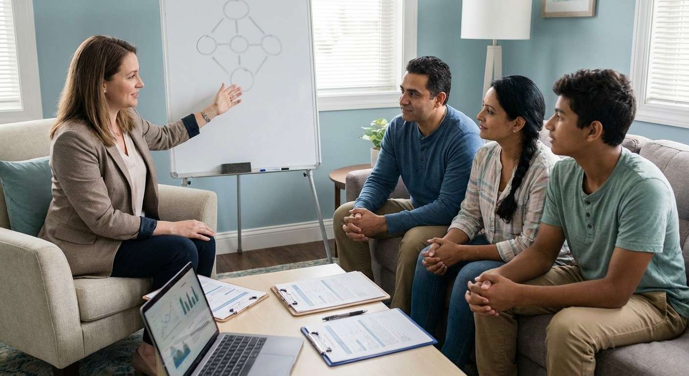 یک جلسه خانواده‌درمانی که در آن اعضای خانواده در حال تعامل هستند و درمانگر به درک الگوهای سیستمی آن‌ها کمک می‌کند.