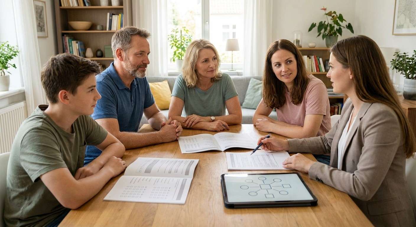 یک خانواده دور یک میز نشسته‌اند و با آرامش در حال گفت‌وگو هستند. فضای خانه روشن و گرم است و حس صمیمیت و امنیت را منتقل می‌کند.