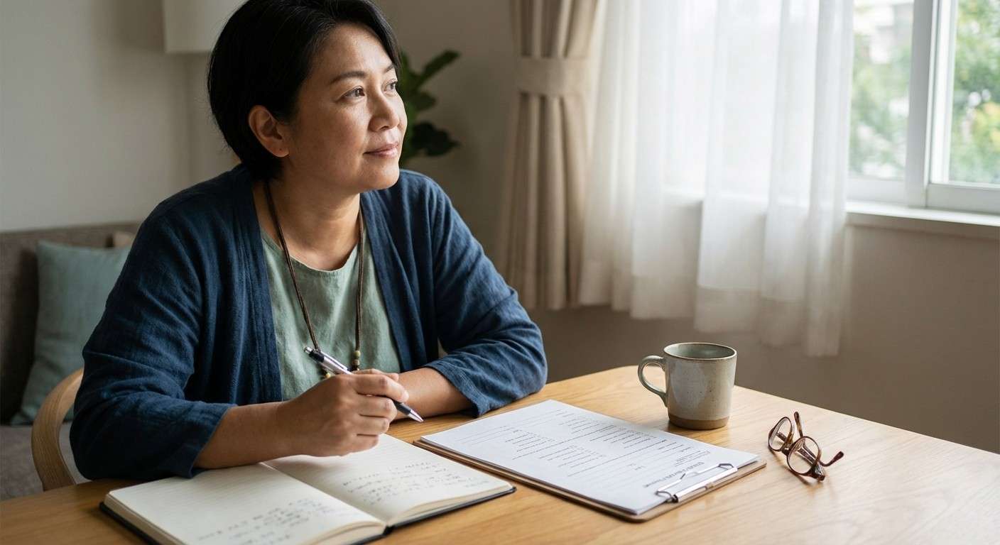 فردی که در حال تأمل و نوشتن در یک دفترچه است و به مسیر رشد شخصی خود فکر می‌کند.