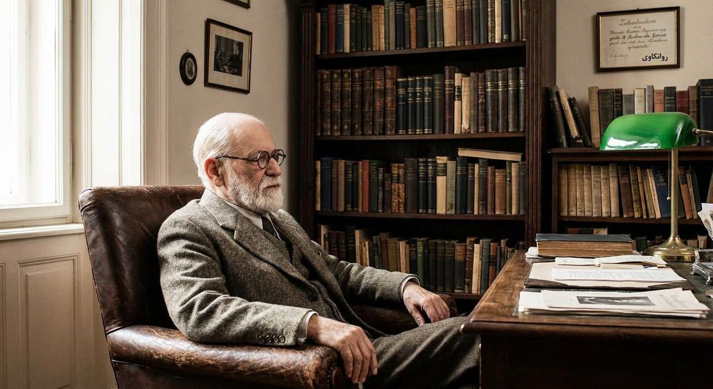 پرتره‌ای از زیگموند فروید در کنار کتابخانه‌اش در وین.