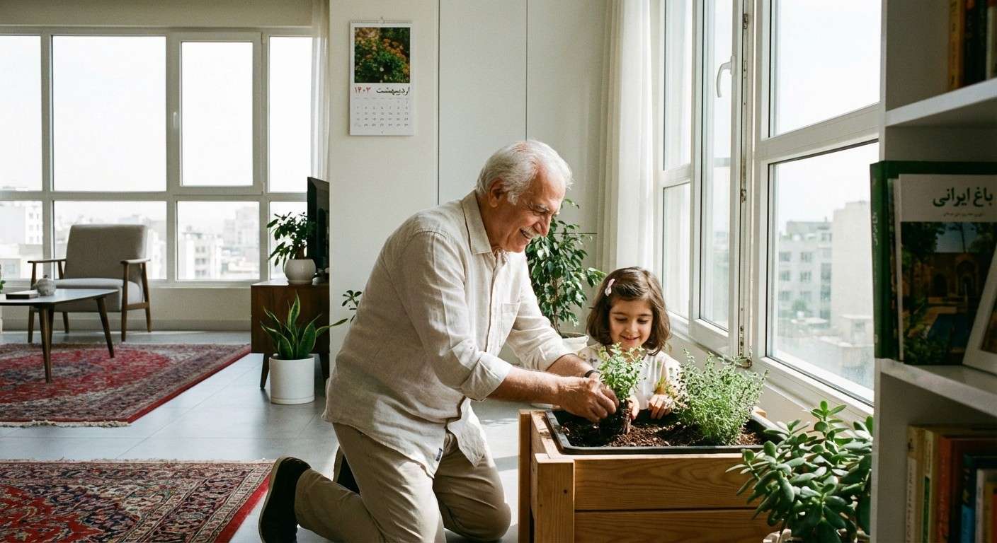 پدربزرگی که با لبخند در حال یاد دادن باغبانی به نوه خردسالش در یک باغچه کوچک است.