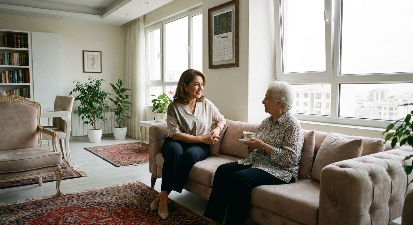مادری که با آرامش و احترام در حال صحبت با مادر سالمند خود درباره نحوه رفتار با فرزندش است.