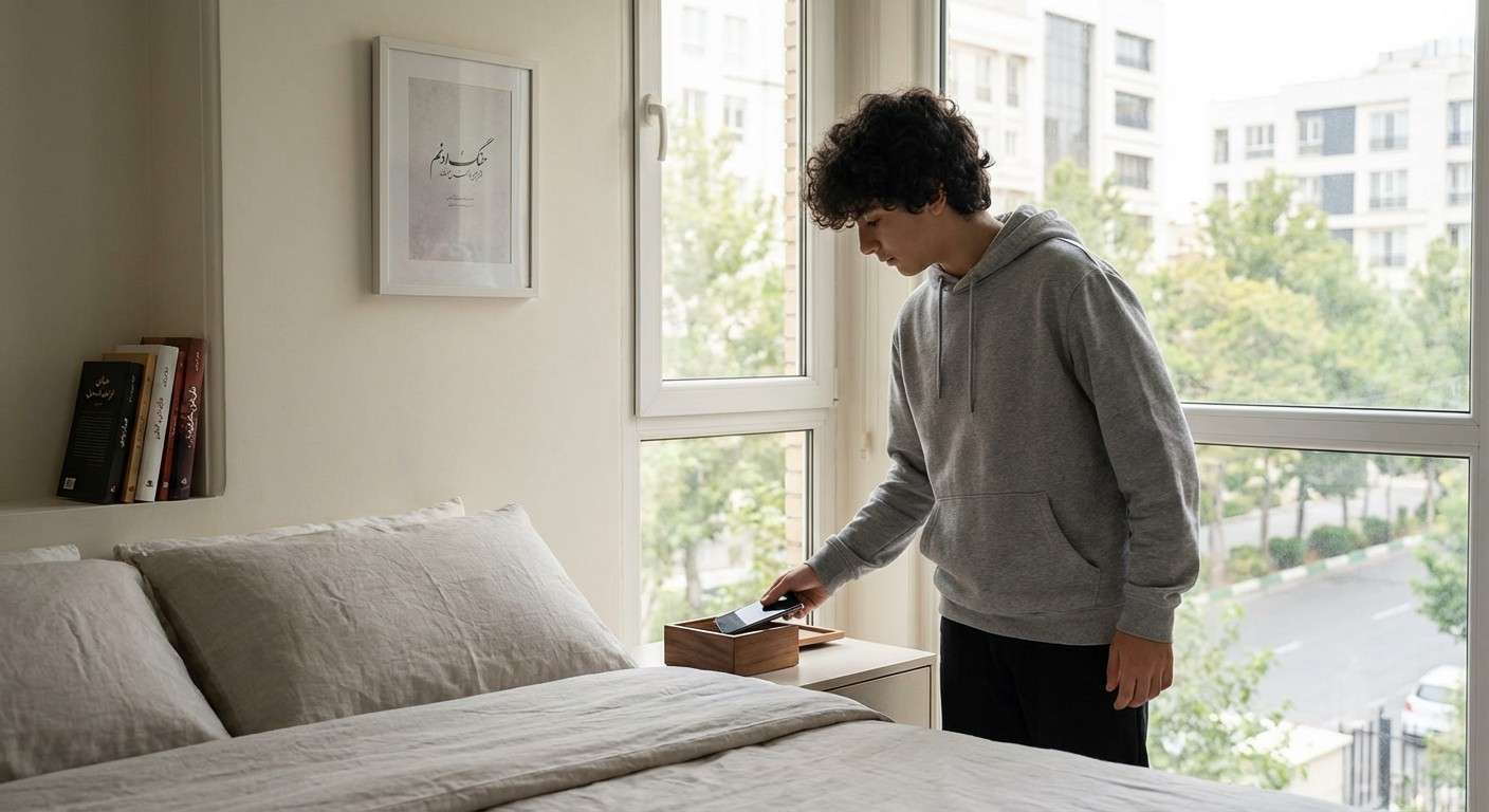 نوجوانی که گوشی خود را در یک جعبه کنار تخت قرار می‌دهد تا مرزهای زمانی را رعایت کند.