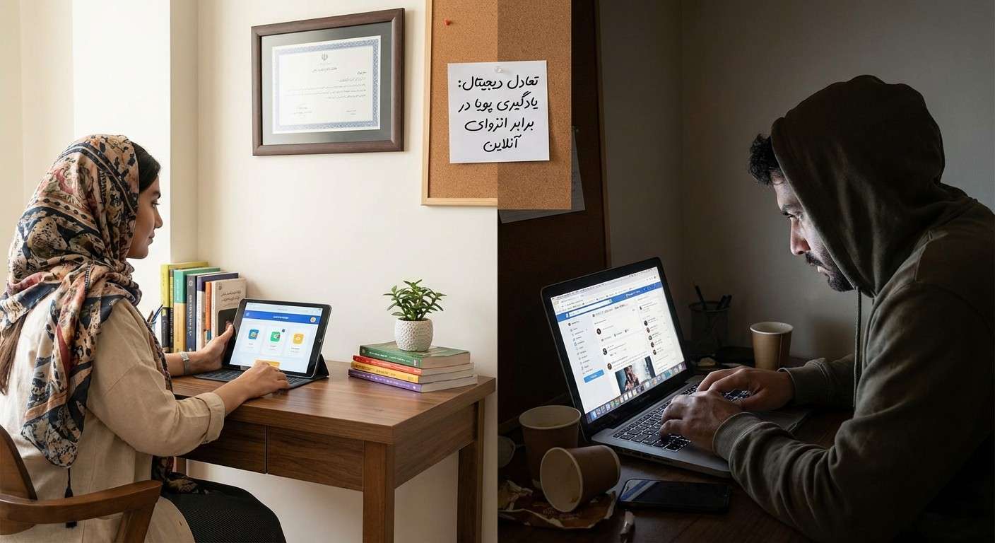 تصویر مقایسه‌ای از استفاده سالم از هوش مصنوعی برای یادگیری در مقابل استفاده ناسالم و منزوی‌کننده.