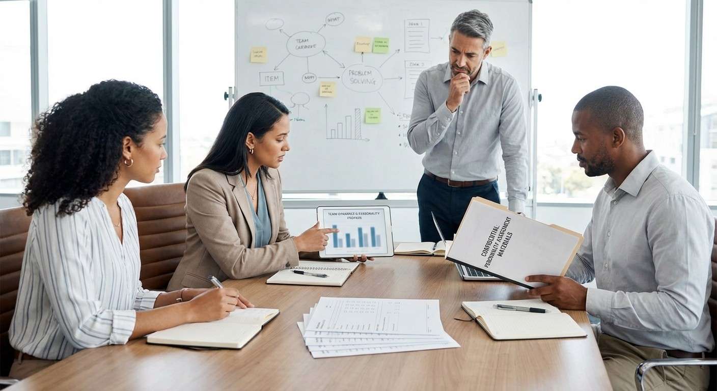 یک جلسه تیم‌سازی در یک شرکت که افراد با شخصیت‌های مختلف در حال همکاری برای حل یک مسئله هستند.