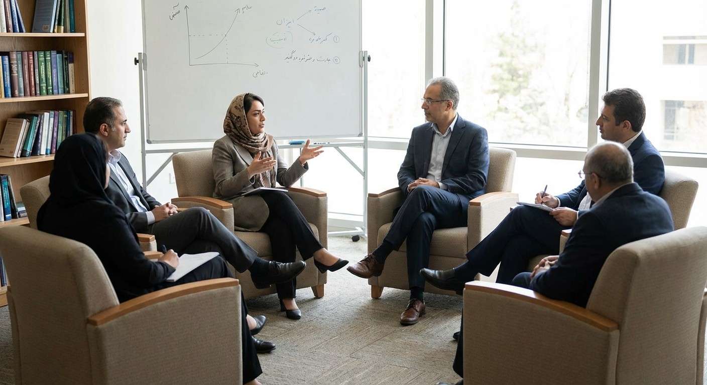 گروهی از افراد متنوع که در یک دایره حمایتی نشسته‌اند و با یکدیگر در تعامل هستند.