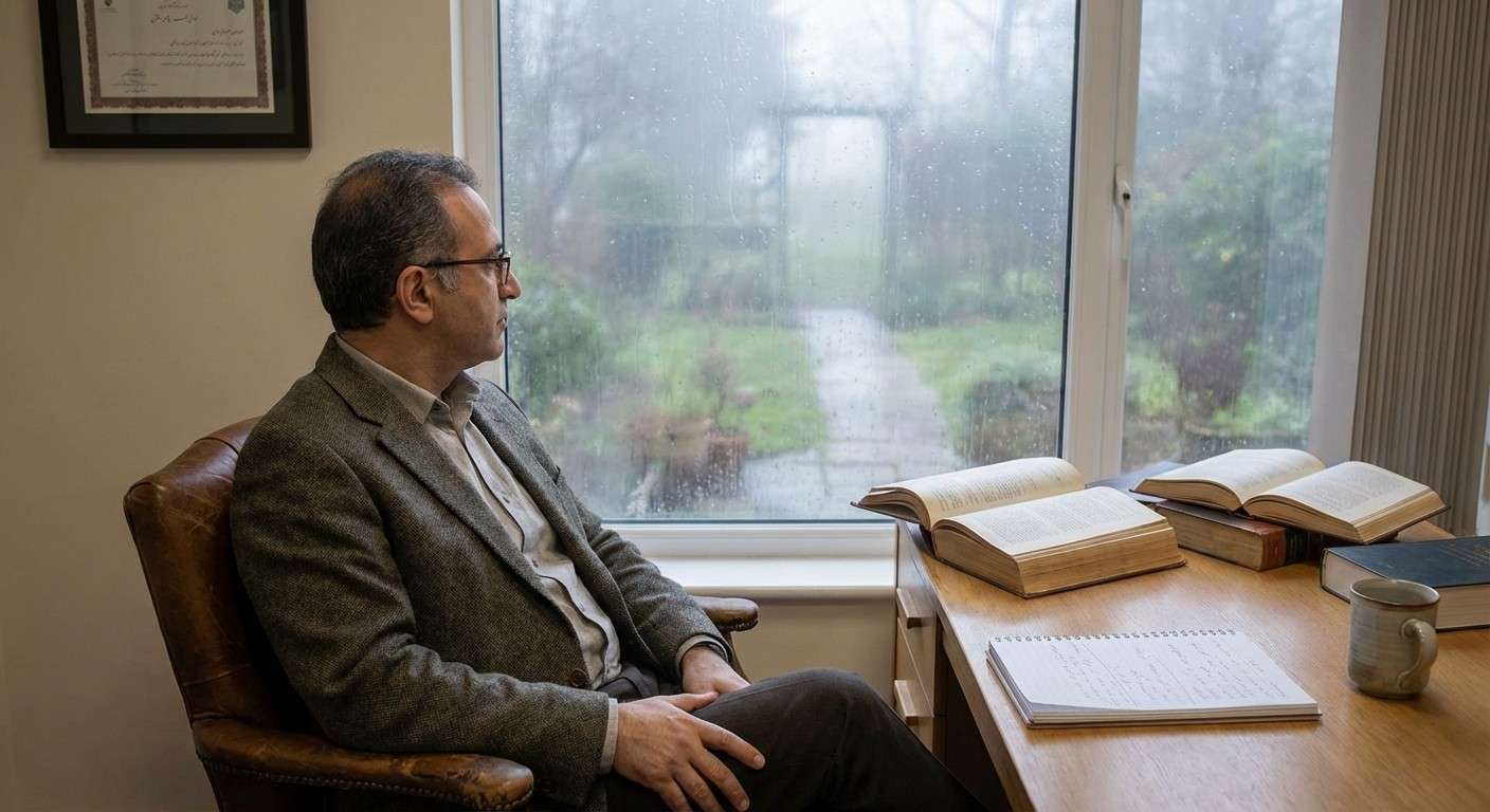 فردی تنها که در مسیری مه‌آلود قدم می‌زند و نمادی از تنهایی و انتخاب وجودی است.