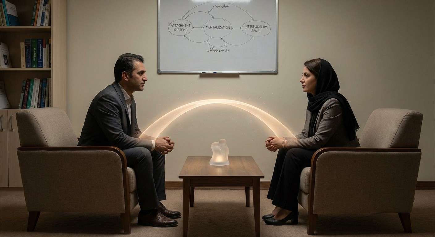 دو نفر که روبروی هم نشسته‌اند و بین آن‌ها یک پل نوری شکل گرفته است، نماد فضای سوم و ارتباط بیناسوژگانی.