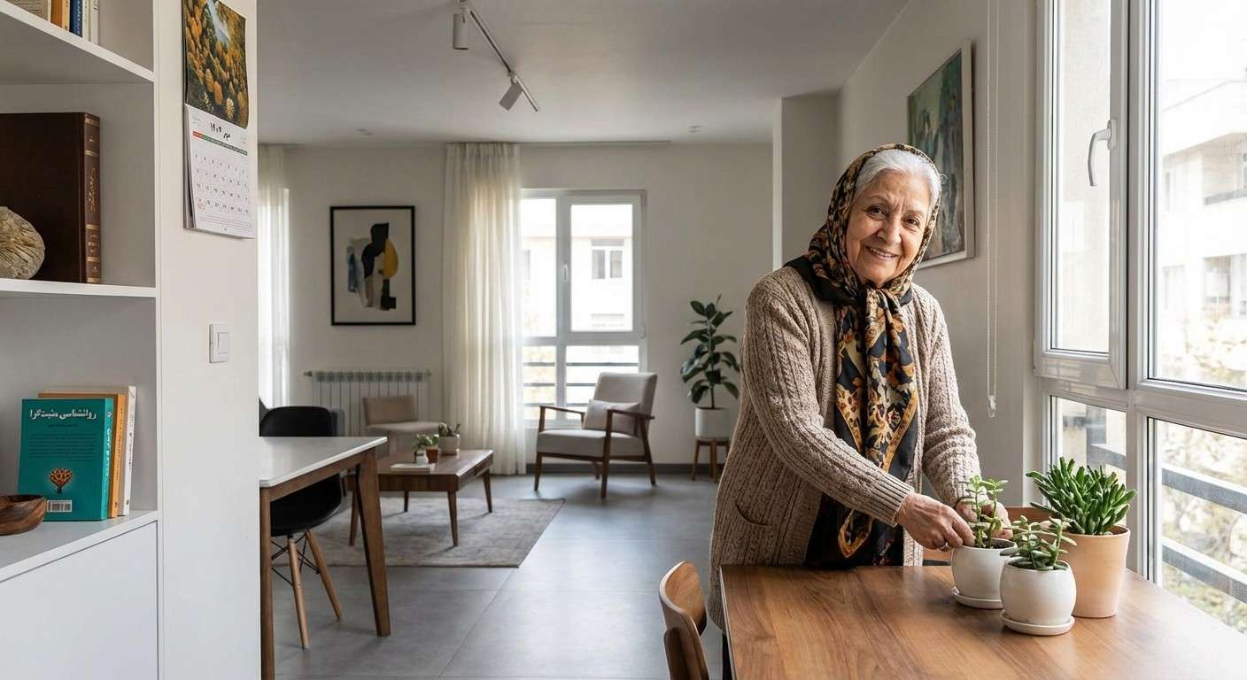 یک سالمند با لبخند در حال رسیدگی به گلدان‌های کوچک روی میز کنار پنجره.