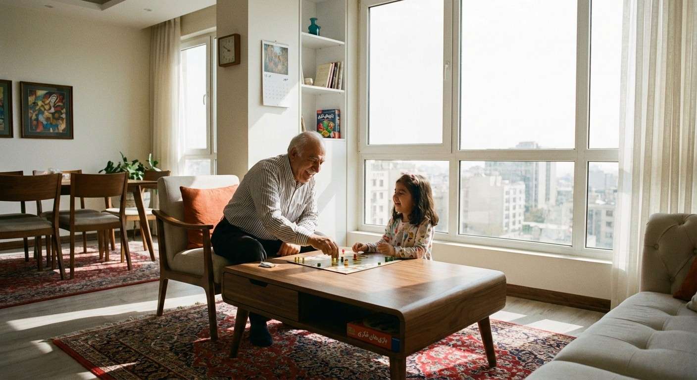 سالمندی که به همراه نوه خود در حال خندیدن و بازی کردن با یک بازی فکری روی میز است.