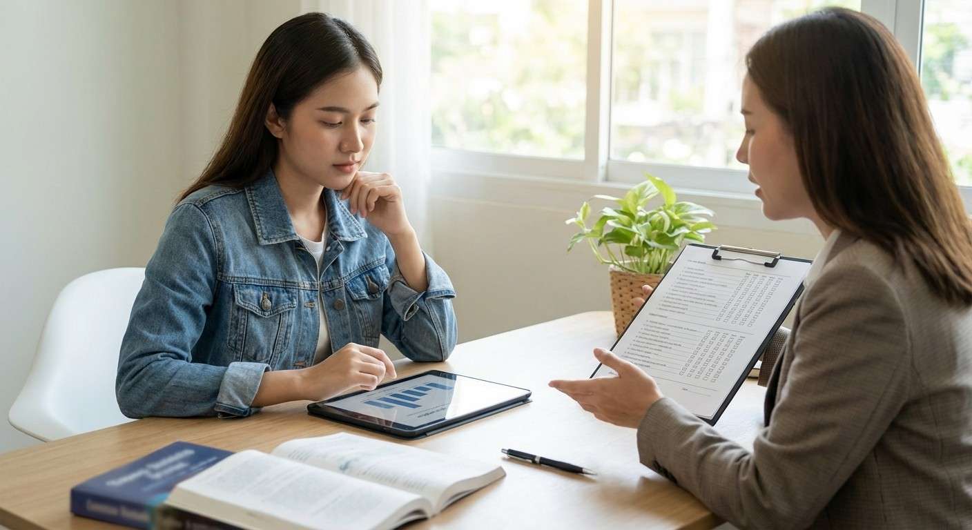 تصویری از یک نوجوان که با نگاهی متفکرانه در حال بررسی گزارش آزمون شغلی خود روی تبلت است.